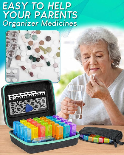 Monthly Pill Organizer 3 Times a Day, with Portable Hard Shell, Pill Cutter, 31-Day Box, Plastic Opening Pick, Monthly & Weekly Stickers, Convenient Medication Management (Black, 2 Times a Day)