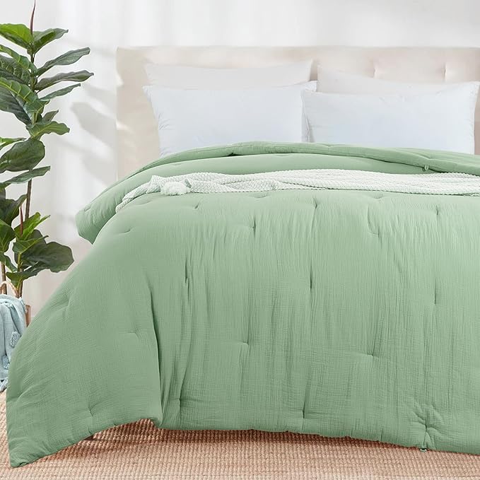 HOMBYS 100% Cotton Muslin Comforter Oversized King 120x120, Lightweight and Breathable Down Alternative Comforter,Soft Gauze Summer Sage Green Reversible Fluffy Duvet Insert