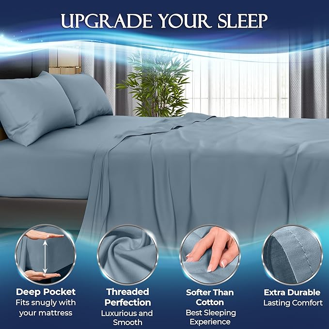 DECOLURE Cooling Sheets Full Set 4pcs - Luxurious & Ultra-Soft Full Size Cooling Sheets for Hot Sleepers - Comfortable Bamboo Viscose Microfiber Full Cooling Bed Sheets w/Deep Pockets (Light Blue)