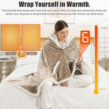 Heated Blanket Wearable Shawl Electric Throw, Heated Wrap with Pockets, Poncho Blanket Hoodie for Adult, 6 Heat Settings & 1-4H Timer Auto Off, Gift, 50 * 64", Camel