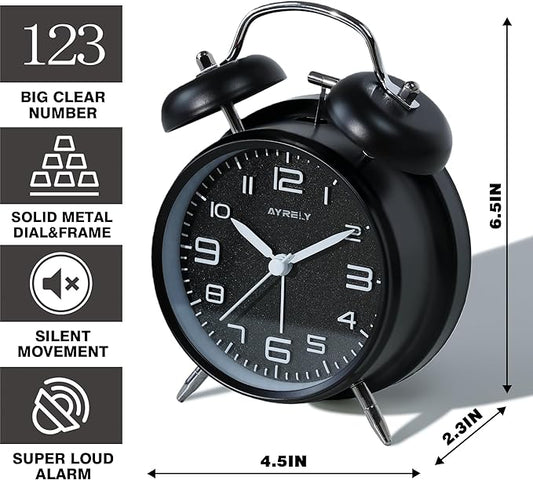 AYRELY® Super Loud Twin Bell Alarm Clock for Heavy Sleepers Adults, 4-Inch Retro Silent Non-Ticking with Night-Light, 3D Raised Number Dial, Battery Operated for Bedroom Bedside(3D Dial – Black)