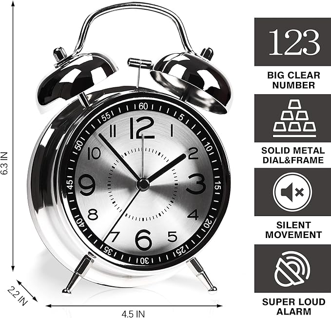 Super Loud Alarm Clock for Heavy Sleepers Adults,Twin Bell Retro 4 Inch Silent Non-Ticking Quartz with Backlight, Metal dial, Alarm Clocks for Bedrooms Bedside (Gray)