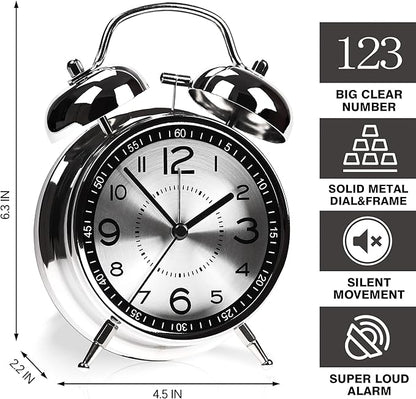 Super Loud Alarm Clock for Heavy Sleepers Adults,Twin Bell Retro 4 Inch Silent Non-Ticking Quartz with Backlight, Metal dial, Alarm Clocks for Bedrooms Bedside (Gray)