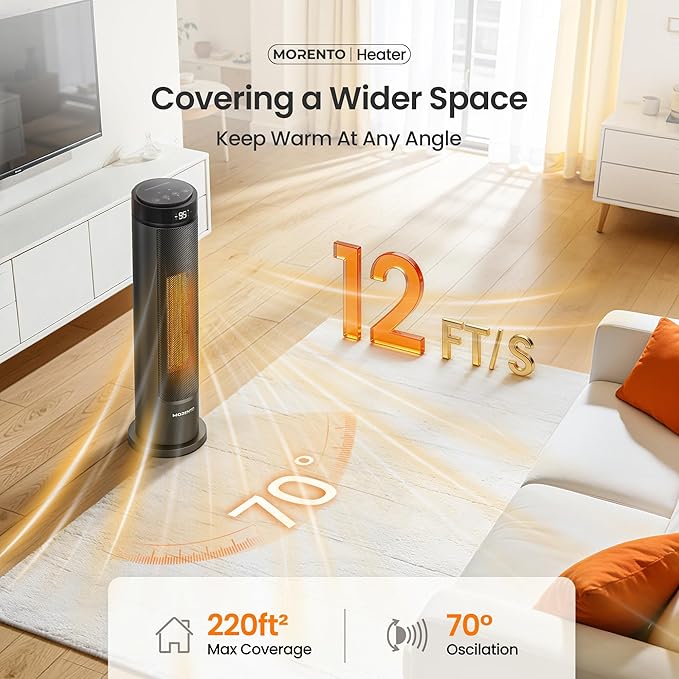 MORENTO Space Heater for Indoor Use, 1500W Ceramic Fast Heat, Electric Space Heater for Large Room with Remote, Thermostat, Digital Display, 5 Modes, 12H Timer, 70° Oscillation, 23dB Black 1 Pack