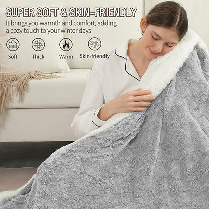 Electric Heating Blanket Throw size 50x60,Electric Blanket Checkered Weave-Wool Blend Heated Blanket,Rapid Heating 6 Temperature Settings 4-Hour Auto Shut-Off ETL Certified,Machine Washable,Light Gray