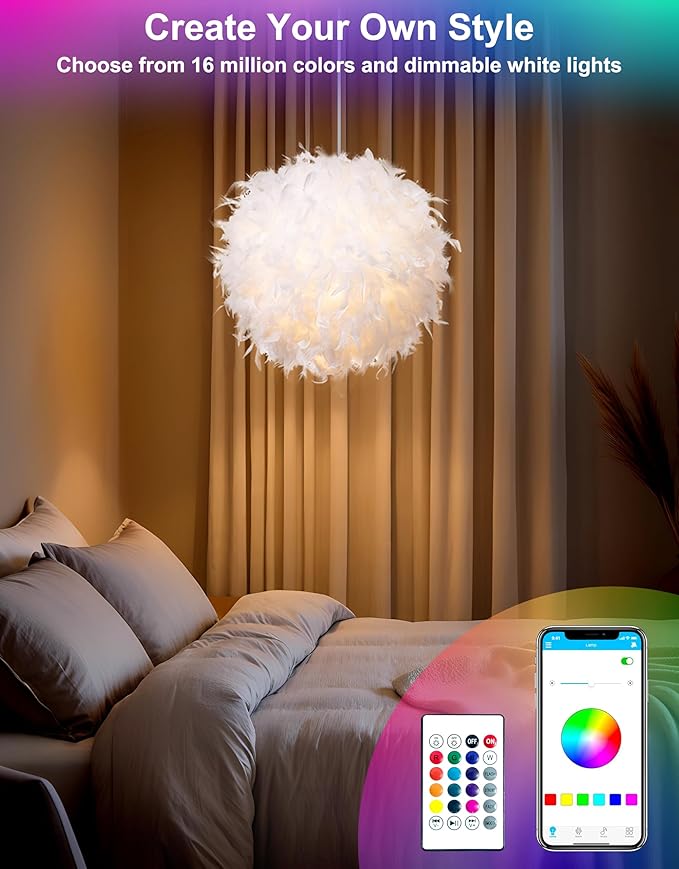 Star Vision Smart Feather Lamp with RGB Light Bulb, Built-in Bluetooth Speaker, Remote & APP Control, Fluffy Girl Room Decor, 600 Lumens, 15.7inches, White