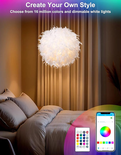 Star Vision Smart Feather Lamp with RGB Light Bulb, Built-in Bluetooth Speaker, Remote & APP Control, Fluffy Girl Room Decor, 600 Lumens, 15.7inches, White