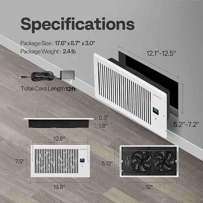 VIVOHOME 6"x12" Opening Smart Vent Register Booster Fan with Intelligent Thermostat & 10-Speed Remote Control - 13.8" x 7.5" Vent Cover for Room, Floor, Wall - White