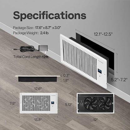 VIVOHOME 6"x12" Opening Smart Vent Register Booster Fan with Intelligent Thermostat & 10-Speed Remote Control - 13.8" x 7.5" Vent Cover for Room, Floor, Wall - White