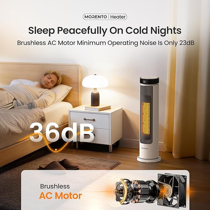 MORENTO Space Heater for Indoor Use, 1500W Ceramic Fast Heat, Electric Space Heater for Large Room with Remote, Thermostat, Digital Display, 5 Modes, 12H Timer, 70° Oscillation, 23dB White 1 Pack