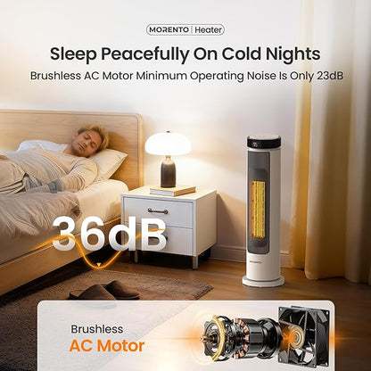 MORENTO Space Heater for Indoor Use, 1500W Ceramic Fast Heat, Electric Space Heater for Large Room with Remote, Thermostat, Digital Display, 5 Modes, 12H Timer, 70° Oscillation, 23dB White 1 Pack