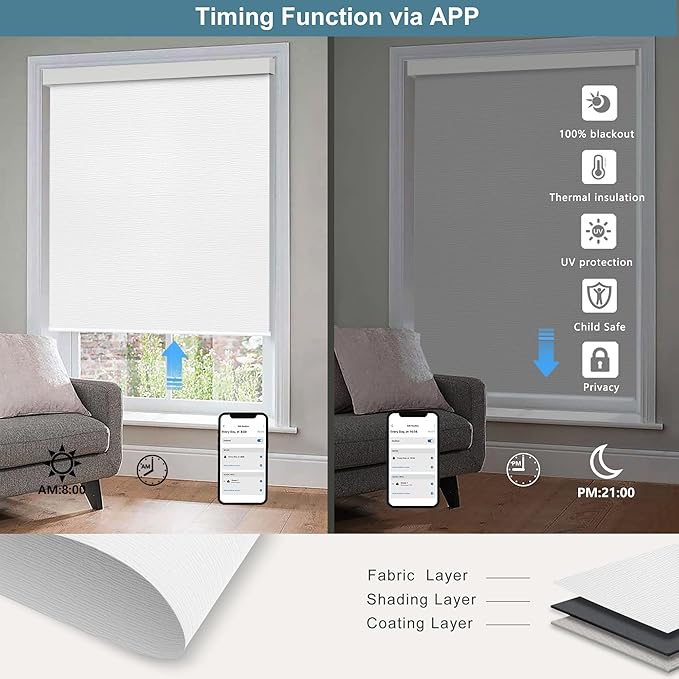 Bringnox Motorized Blinds with Remote,100% Blackout Smart Roller Blinds Compatible with Apple Homekit Google Home and Alexa Via HUB,and Customized (Treebark Extra white-29)