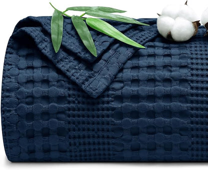 PHF Cooling Waffle Blanket Queen Size, Lightweight 60% Rayon Derived from Bamboo & 40% Cotton Breathable Blanket for Hot Sleepers, Soft and Luxury for Bed Couch and Sofa, 90"x90", Navy Blue