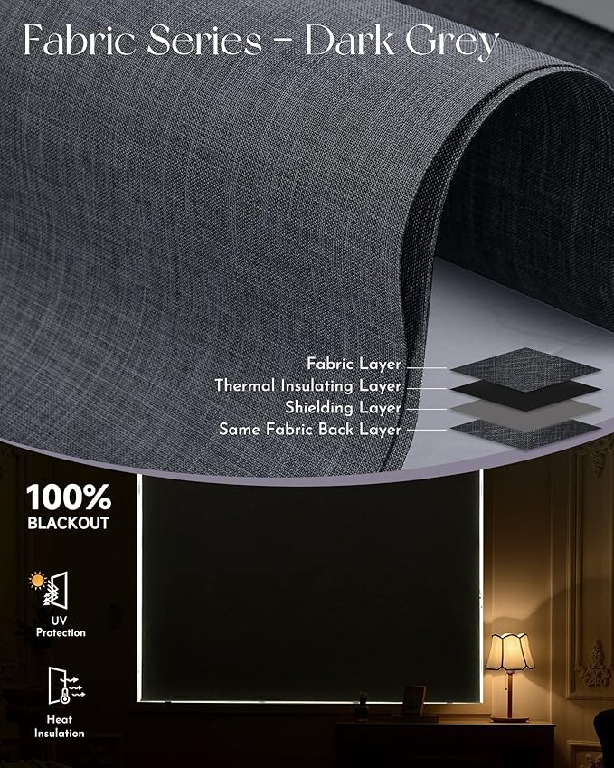 Graywind Motorized Roller Shades Work with Alexa Google Smart Blackout Shades with Remote Insulated Triple Weaved Fabric Window Blinds with Valance for Smart Home Office, Customized Size (Dark Grey)