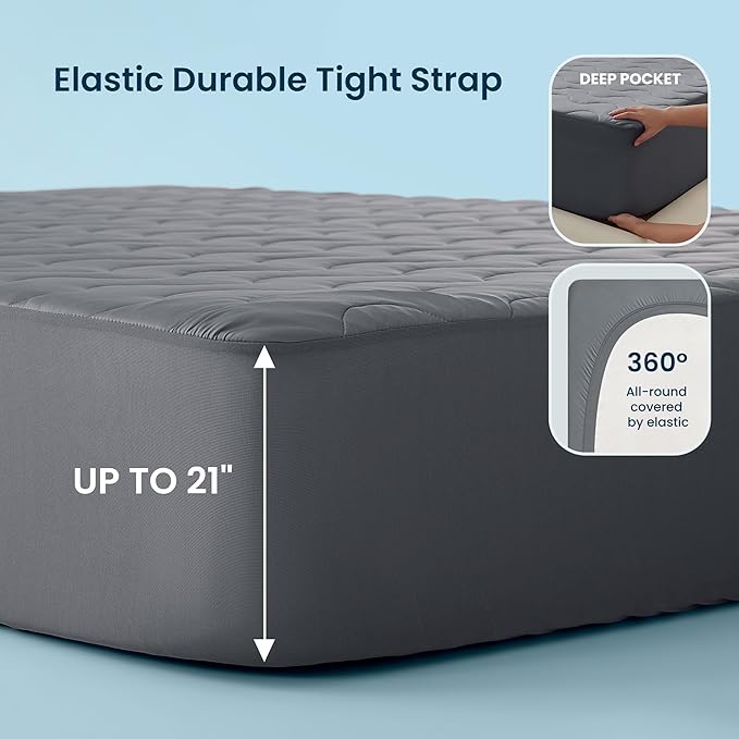 Sleep Zone Cooling Mattress Protector Twin, Waterproof Bedding Pad for Hot Sleepers, Soft & Breathable Mattress Topper, Deep Pocket Mattress Cover，Hotel Quality (Dark Gray，Twin)