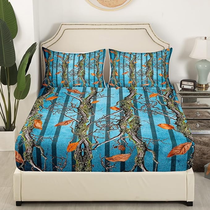 Tree Branches Kids Fitted Sheet Full Size,Wild Hunting Botanical Leaves Rustic Cabin Bedding Set,Boys Girls Room Decor,Geometric Stripes Patch Bed Cover,Blue Bed Sheet,2 Pillowcases(No Top Sheet)