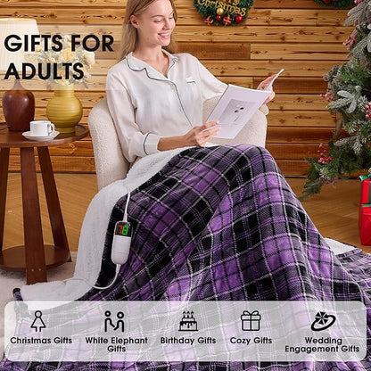 OCTROT Heated Blanket Electric, Twin Size 62X84, Heating Blanket with 10 Heating Levels & 8 Hours Auto Off, Purple Checkered Plaid Sherpa Blankets Warmer for Adults, Fast Heating and Washable