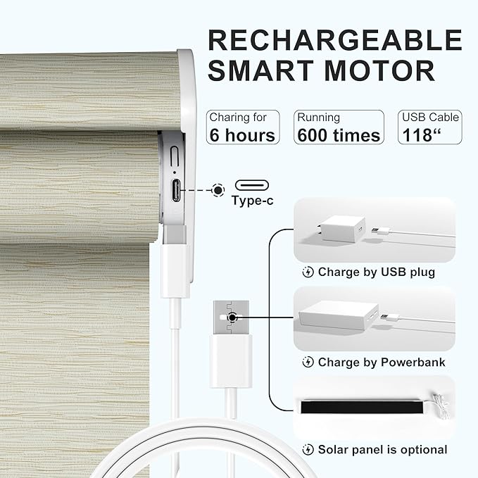 Motorized Blinds with Remote,Light Filtering Smart Roller Shades with App,Voice Control,Thermal Insulated Automatic Blinds,Electric Shades with USB/Solar Pannel.Filter Jacquard Beige