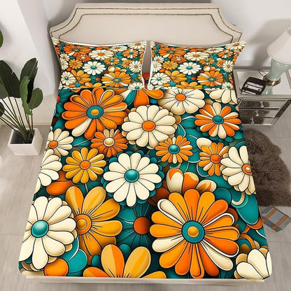 Vintage Flowers Groovy Fitted Sheet Full Size,70s 80s Daisy Floral Hip-hop Retro Bedding Set,Boys Girls Room Decor,Boho Exotic Hippie Psychedelic Bed Cover,Artwork Bed Sheet,2 Pillowcases