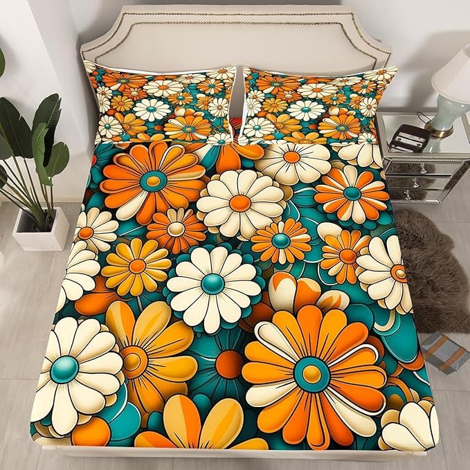 Vintage Flowers Groovy Fitted Sheet Queen Size,70s 80s Daisy Floral Hip-hop Retro Bedding Set,Boys Girls Room Decor,Boho Exotic Hippie Psychedelic Bed Cover,Artwork Bed Sheet,2 Pillowcases