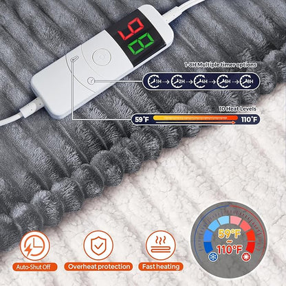 Electric Blanket King Size, 100"x90" Heated Blanket with Dual Control, Over-Heat Protection, 10 Heating Levels &1-8 Time Settings Auto-Off, Flannel & Sherpa Blanket Fast Heating, ETL Certification