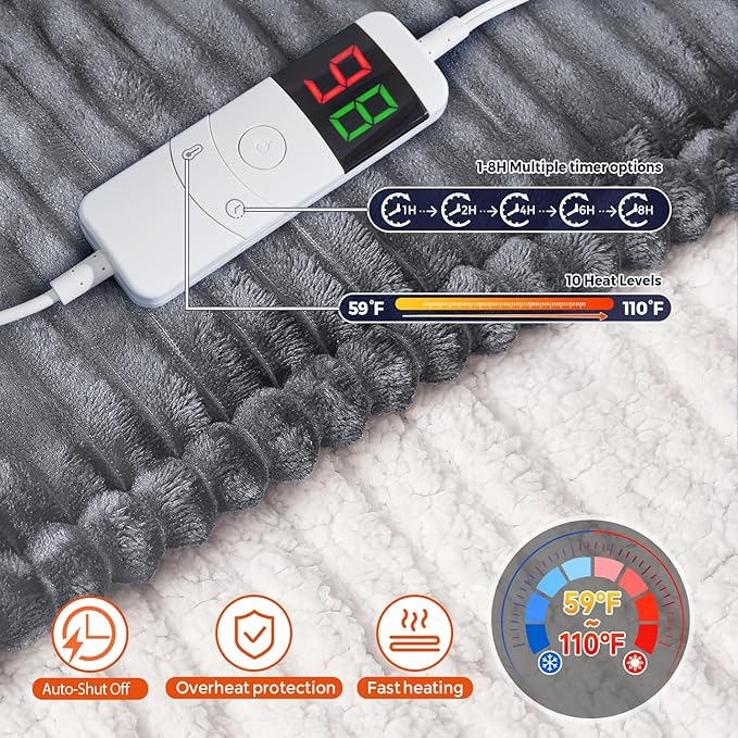Electric Blanket Full Size, 72''x84" Heated Blanket, Over-Heat Protection, 10 Heating Levels 5 Time Settings, Auto-Off, Flannel & Sherpa Blanket Fast Heating, ETL Certification, Machine Washable