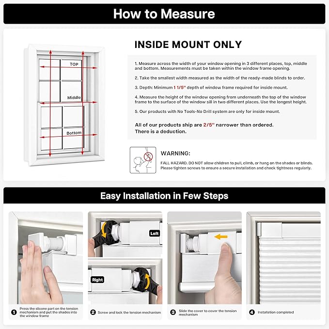 LazBlinds Cordless Cellular Shades, No Tools No Drill Light Filtering Honeycomb Shades Pleated Blinds for Windows, 19'' W x 36'' H, White