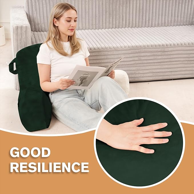 Portable Comfy Reading Pillows for Bed Sitting Up(Dark Green Oeko-Tex), Velvet Back Pillow with Arms & Pockets for Adults, Support Memory Foam Bed Pillow for Dorm/Reading/Watching/Gaming