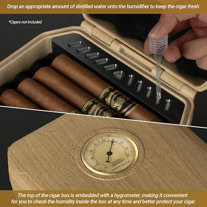 Travel Cigar Humidor Case - Cedar Lined, V Cut Cutter, Portable Humidor with Humidifier & Hygrometer, Holds 7-9 Cigars, Includes Lighter - Gift Set