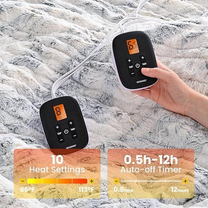 WOOMER Heated Blanket King Size Electric Blanket 90"x 100", Faux Fur Fast Heating, 10 Heating Levels & 0.5-12H Auto Off, Dual Control, Over-Heat Protection, ETL Certification