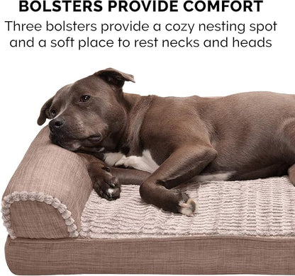 Furhaven Cooling Gel Dog Bed for Medium/Small Dogs w/ Removable Bolsters & Washable Cover, For Dogs Up to 35 lbs - Luxe Faux Fur & Performance Linen Sofa - Woodsmoke, Medium