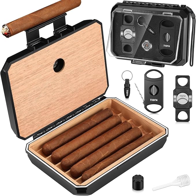 TISFA Cigar Humidor Set Travel Humidor Includes 2 Multifunctional Cutters, Hole Punch, Humidifier, Hygrometer, Portable Cedar Wood Lined Cigar Box Holder Case Gifts for Men (Black)