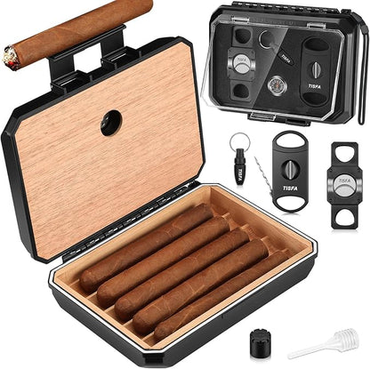 TISFA Cigar Humidor Set Travel Humidor Includes 2 Multifunctional Cutters, Hole Punch, Humidifier, Hygrometer, Portable Cedar Wood Lined Cigar Box Holder Case Gifts for Men (Black)