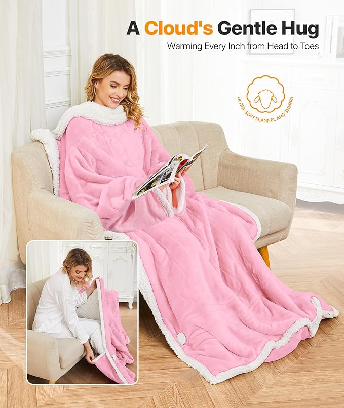 Portable Heated Blanket - Wearable Heated Blanket Throw with Foot Pockets, Sleeves Flannel Sherpa Wearable Blanket 8 Heating Levels & Timer Snuggle Blankets for Home Office-50*70" Pink Robes for Women