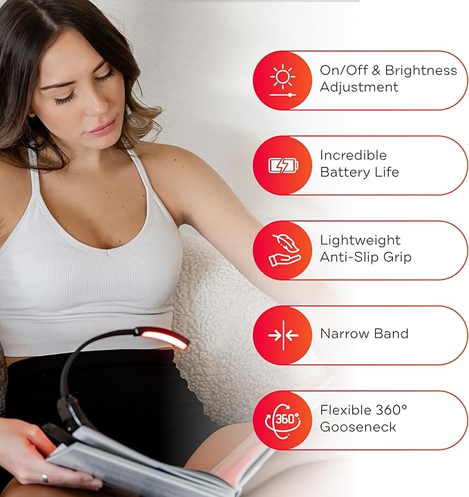 Mito Red Light - Flex Reader - Red Light Book Lights for Reading at Night - Portable, Rechargeable Book Light Clip On with 360° Gooseneck - Reading Lights for Books in Bed
