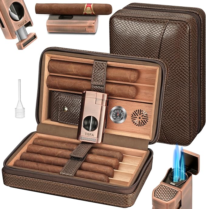 TISFA Cigar Travel Humidor for Cigars Portable Cigar Humidor with All in one Cigar Torch Lighter, Cigar Humidifier, Hygrometer, Cigar Accessories Gift Set, Cedar Wood Lined Cigar Case (Textured Brown)