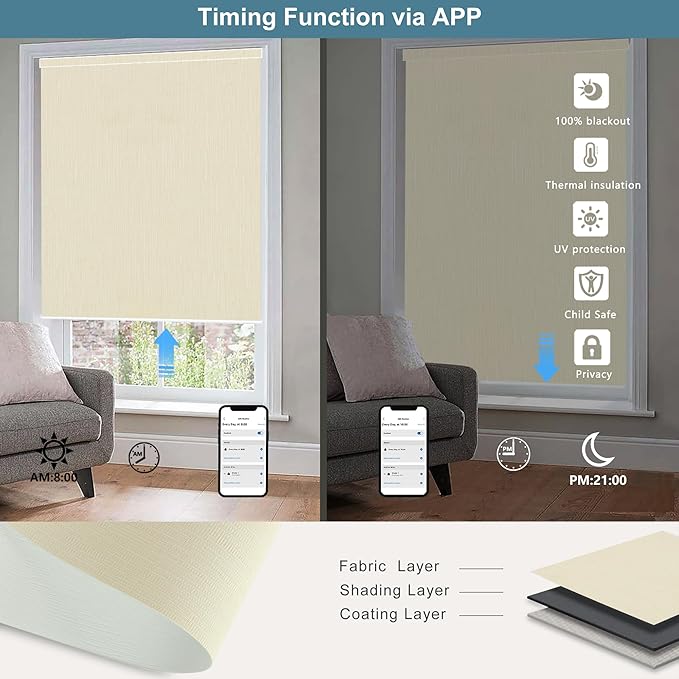 Bringnox Motorized Blinds with Remote,100% Blackout Smart Roller Blinds Compatible with Apple Homekit Google Home and Alexa Via HUB,and Customized (Safari Stone-07)
