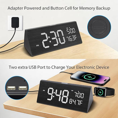OhM-ega Wooden Digital Alarm Clock, Electric Clocks with Dual USB Port, Large Numbers, Temperature Display, Brightness Dimmer, Sound-Activated Display, Snooze, 12/24H, Black