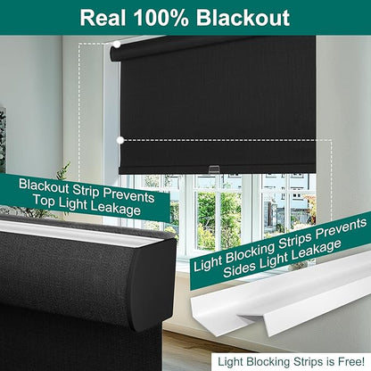 BERISSA Cordless Blackout Roller Shades for Windows,Free-Stop Linen Fabric Windows Blinds with Cassette Valance,Thermal Insulated UV Protection Roller Blinds for Home Office. Black.47 W x 72" H