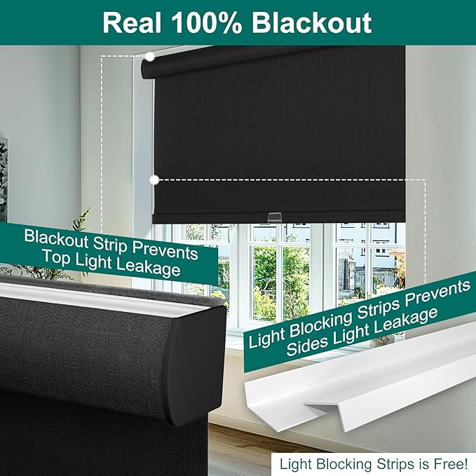 BERISSA Cordless Blackout Roller Shades for Windows,Free-Stop Linen Fabric Windows Blinds with Cassette Valance,Thermal Insulated UV Protection Roller Blinds for Home Office. Black.43 W x 48" H