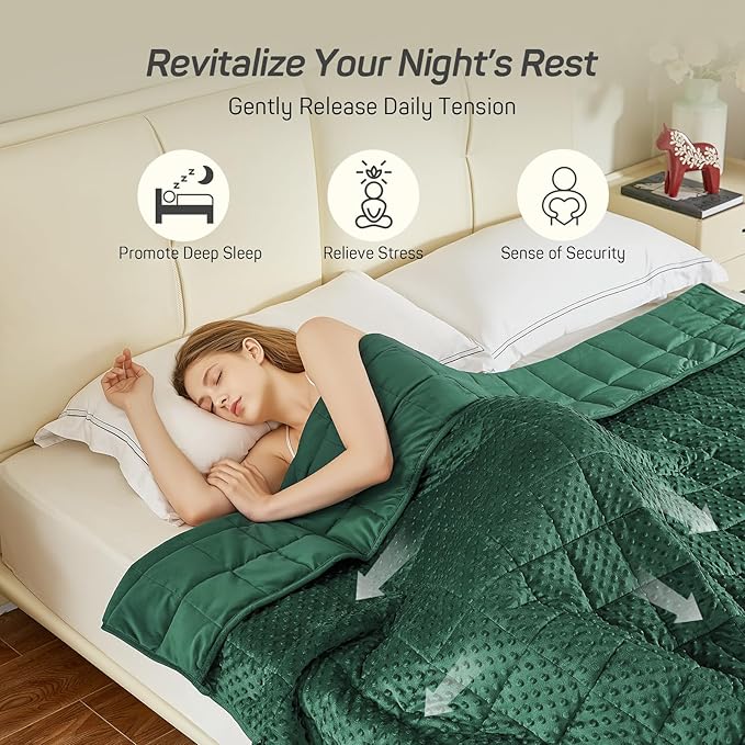 Weighted Blanket for Adults Queen Size 15 lbs, Soft Minky Dot Cozy Heavy Blanket for Sleep, Reversible Breathable Warm Blanket with Glass Beads, Dark Green 60 x 80 inches