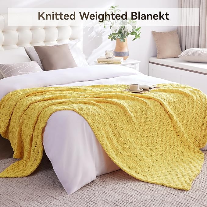 Knitted Weighted Blanket for Adult, No Beads Heavy Blanket 70” x 90'' 20lbs, Breathable Chunky Knit Blanket, Cooling Weighted Blanket for Hot Sleepers, Christmas Home Decor (Yellow)