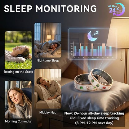 Smart Ring for Women,Fitness & Activity Tracker with Blood Oxygen/Heart Rate Monitor, Sleep Tracker, Step Counter, IP68 Waterproof Ring for iOS&Android, Fast Charge, No Subscription (Silver, Size8）