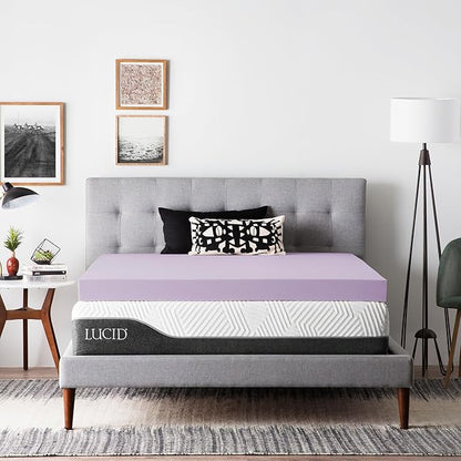 Lucid 4 Inch Lavender Memory Foam Mattress Topper, King Size – Essential Oil Infusion – Ultra Plush Feel, Pressure-Relieving Bed Topper – Ventilated and Breathable – CertiPur Certified