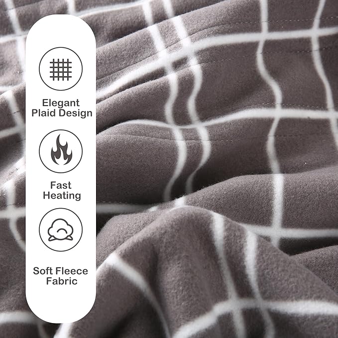 Electric Heated Blanket Full Size 72"x84",Whit 10 Hs Auto Off & 4 Heating Levels, Soft Fleece for Bed, Machine Washable, Gifts for Family-Plaid Pattern, Light Gray