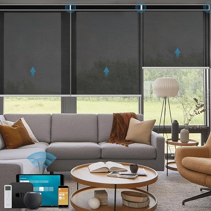 Motorized Shades Compatible with Alexa,Google Asssitant,Homekit Over Thead,3% Openness Solar Roller Blinds for Window,Smart Blinds with Remote,APP/Voice Control,3% Openness Aventus Black