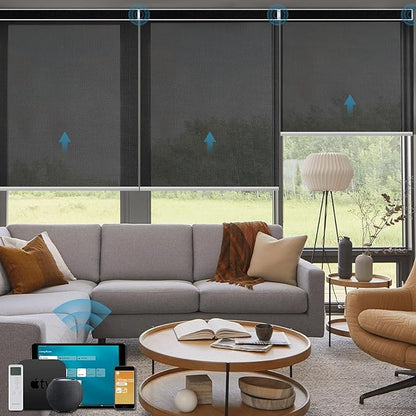 Motorized Shades Compatible with Alexa,Google Asssitant,Homekit Over Thead,3% Openness Solar Roller Blinds for Window,Smart Blinds with Remote,APP/Voice Control,3% Openness Aventus Black