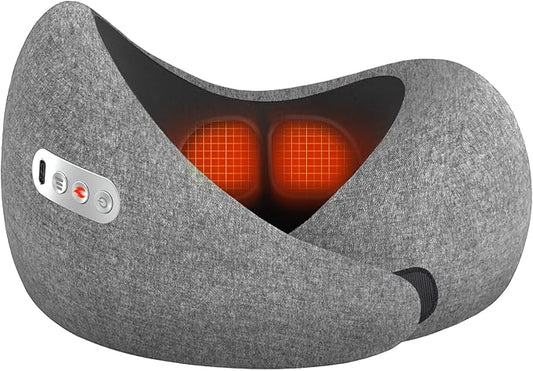 Travel Neck Pillow Airplane 3 in 1 with Heating Massage, Memory Foam Cervical Pillow, 360º Ergonomic Design, Asymmetrical Sides Portable for Airplane Car Office Sleeping Essentials, Breathable Cover