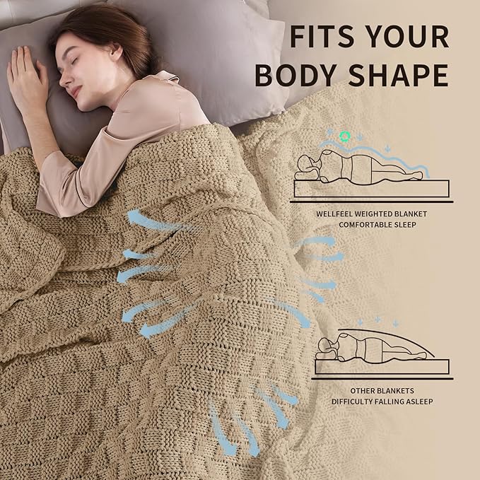 Knitted Weighted Blanket for Adults, 50' x 60'' 5lbs, Breathable Chunky Knit Blanket, Cooling for Hot Sleepers, Christmas Home Decor (Camel)