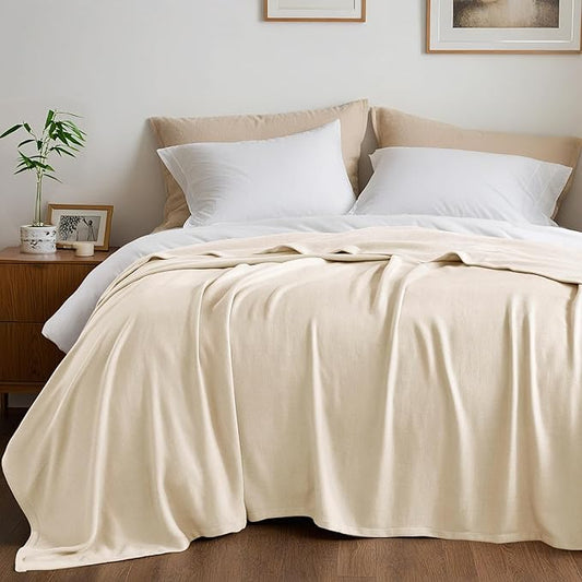 King Size Blanket, 70% Rayon (Derived from Bamboo) and 30% Cotton, Lightweight Jacquard Weave, Breathable and Soft Summer Blanket for Bed or Couch, 108” x 90”, Ivory